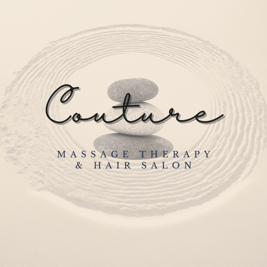 A logo of couture massage therapy and hair salon.